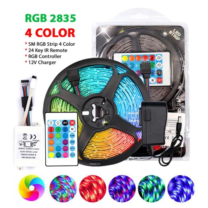5M RGB 2835 LED Strip Light Kit with 24-Key IR Remote, Controller & 12V Power Adapter – 4 Color Lighting