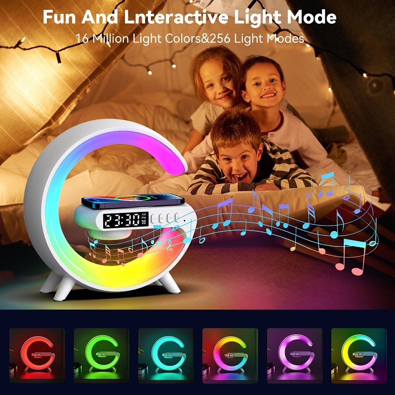 5-in-1 G Shape RGB Smart Table Lamp with Bluetooth Speaker, 15W Wireless Charger, Alarm Clock & Digital LED Display